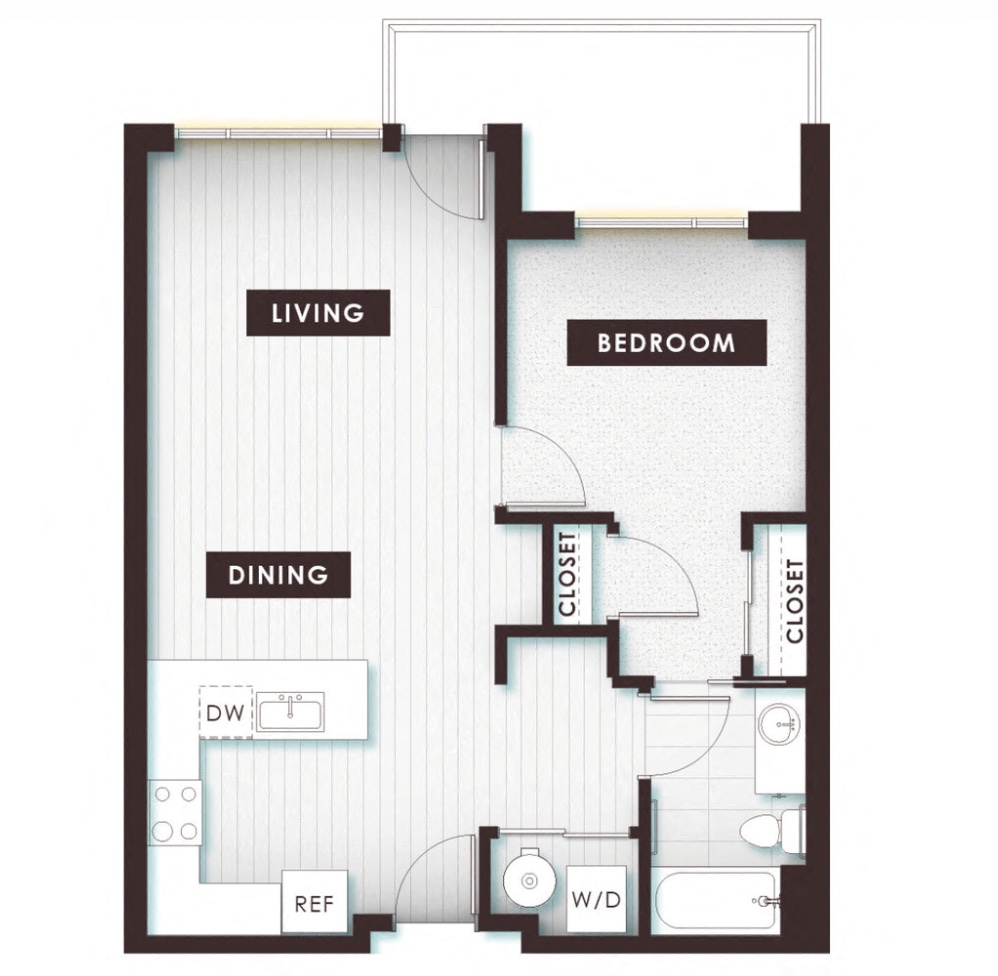 Floor plan for 1 bed, 1 bath, 751 sqft